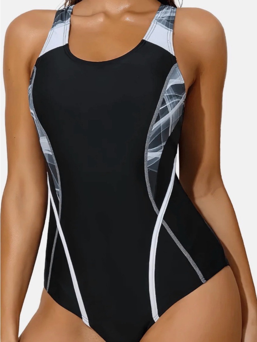 Women’s One Piece Racer-back Black, Gray, White Swimsuit Size Large